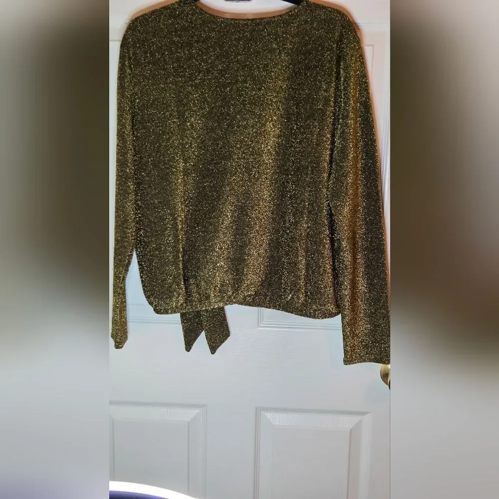 Michael Kors XL Shimmering Black Gold Faux Wrap V-Neck Lslv Women's Sweater